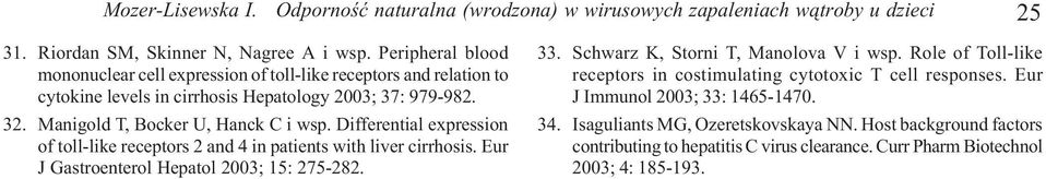 Differential expression of toll-like receptors 2 and 4 in patients with liver cirrhosis. Eur J Gastroenterol Hepatol 2003; 15: 275-282. 33. Schwarz K, Storni T, Manolova V i wsp.