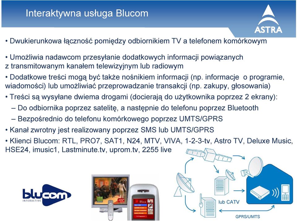 zakupy, głosowania) Treści są wysyłane dwiema drogami (docierają do użytkownika poprzez 2 ekrany): Do odbiornika poprzez satelitę, a następnie do telefonu poprzez Bluetooth Bezpośrednio do telefonu