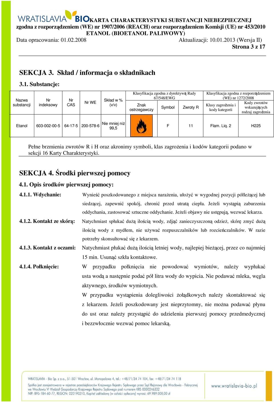 Substancje: Nazwa substancji Nr indeksowy Nr CAS Nr WE Skład w % (v/v) Klasyfikacja zgodna z dyrektywą Rady 67/548/EWG Znak ostrzegawczy Symbol Zwroty R Klasyfikacja zgodna z rozporządzeniem (WE) nr