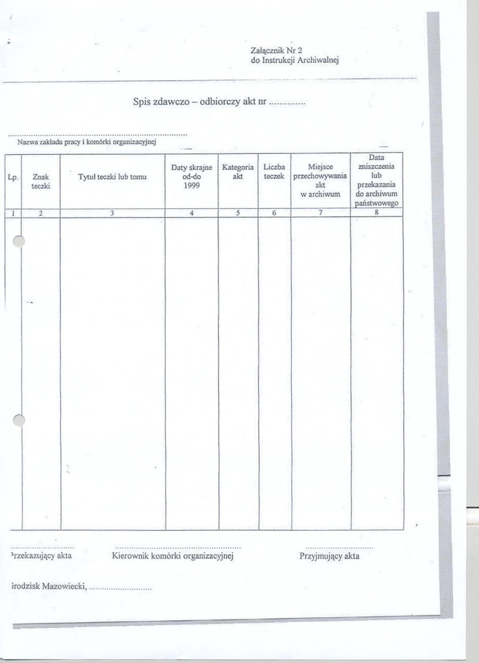 enia Znak Tytul teczki lub tomu od-do akt teczek pzechowywania lub teczki 1999 akt pzekazania w achiwum do achiwum