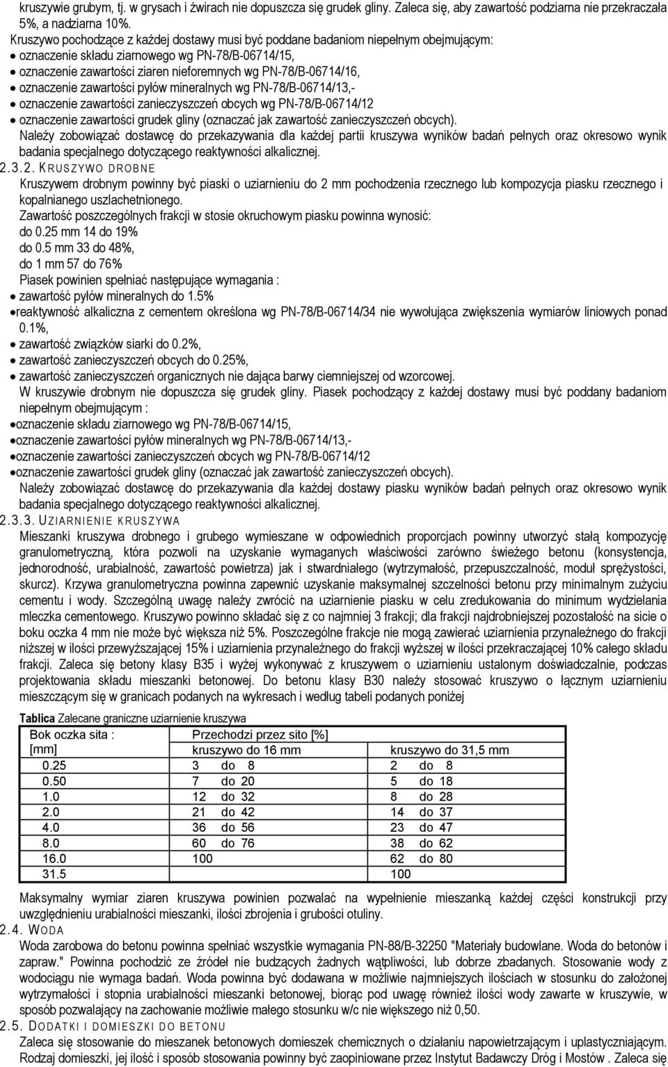 oznaczenie zawartości pyłów mineralnych wg PN-78/B-06714/13,- oznaczenie zawartości zanieczyszczeń obcych wg PN-78/B-06714/12 oznaczenie zawartości grudek gliny (oznaczać jak zawartość zanieczyszczeń