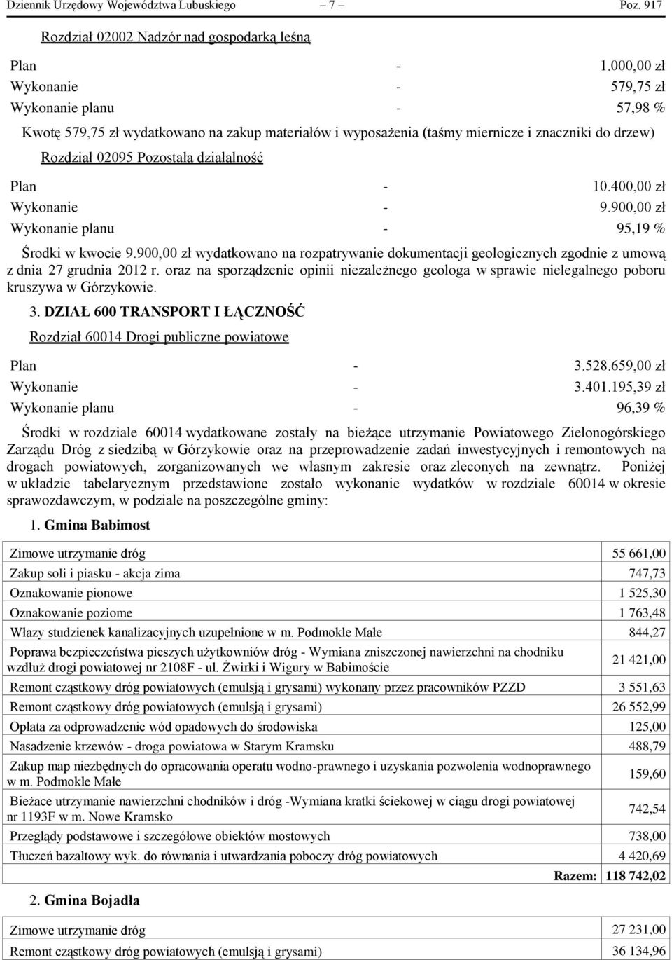 Plan - 10.400,00 zł Wykonanie - 9.900,00 zł Wykonanie planu - 95,19 % Środki w kwocie 9.900,00 zł wydatkowano na rozpatrywanie dokumentacji geologicznych zgodnie z umową z dnia 27 grudnia 2012 r.