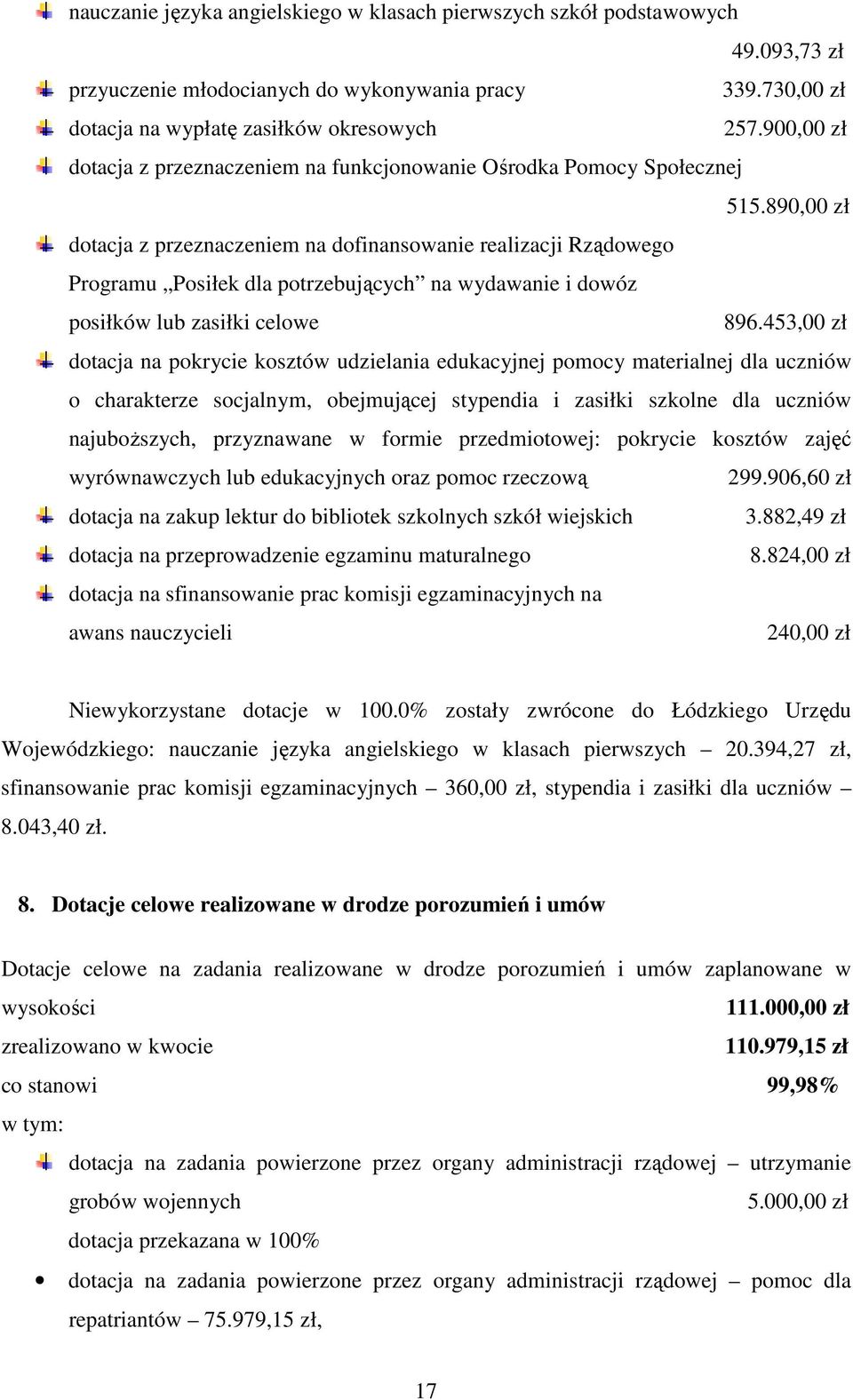 890,00 zł dotacja z przeznaczeniem na dofinansowanie realizacji Rządowego Programu Posiłek dla potrzebujących na wydawanie i dowóz posiłków lub zasiłki celowe 896.