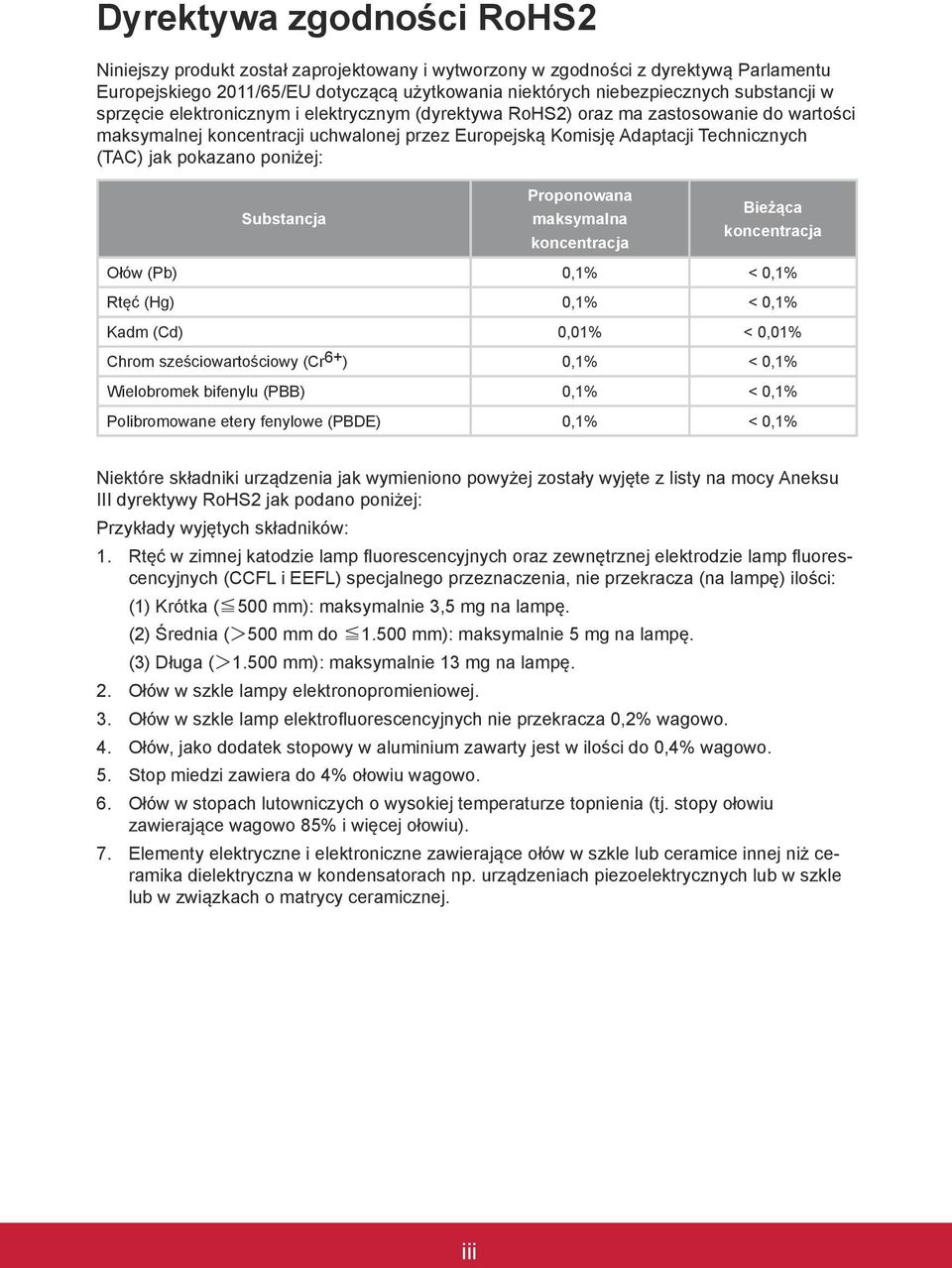 poniżej: Substancja Proponowana maksymalna koncentracja Bieżąca koncentracja Ołów (Pb) 0,1% < 0,1% Rtęć (Hg) 0,1% < 0,1% Kadm (Cd) 0,01% < 0,01% Chrom sześciowartościowy (Cr 6+ ) 0,1% < 0,1%