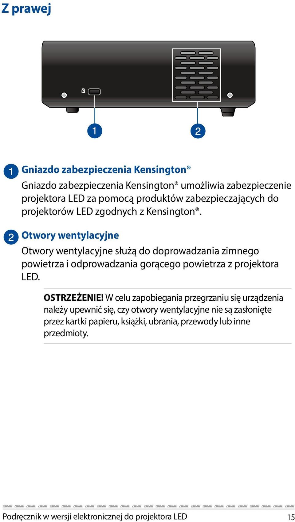 Otwory wentylacyjne 120 o Otwory wentylacyjne służą do doprowadzania zimnego powietrza i odprowadzania gorącego powietrza z projektora LED.