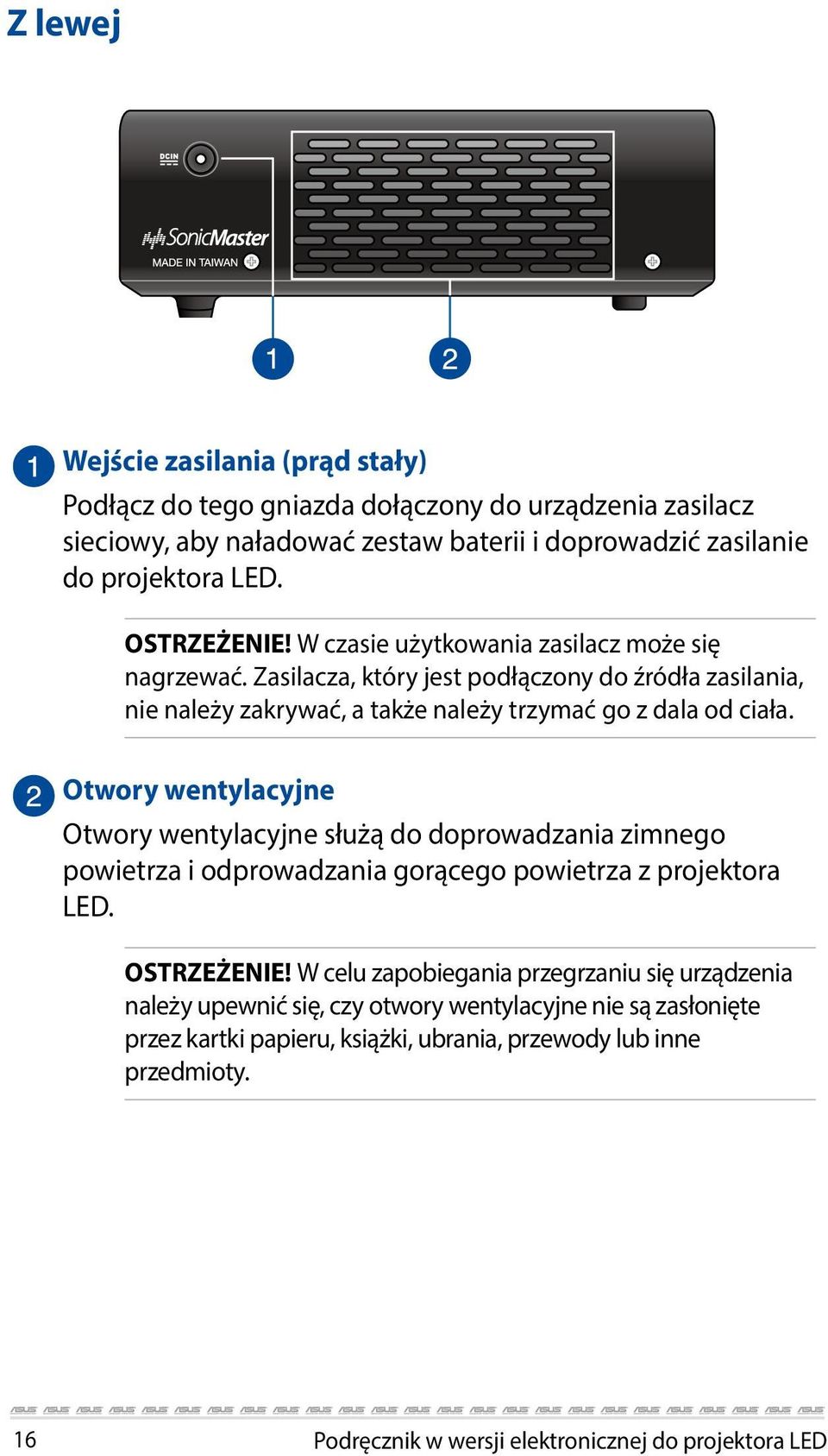 Otwory wentylacyjne Otwory wentylacyjne służą do doprowadzania zimnego powietrza i odprowadzania gorącego powietrza z projektora LED. OSTRZEŻENIE!