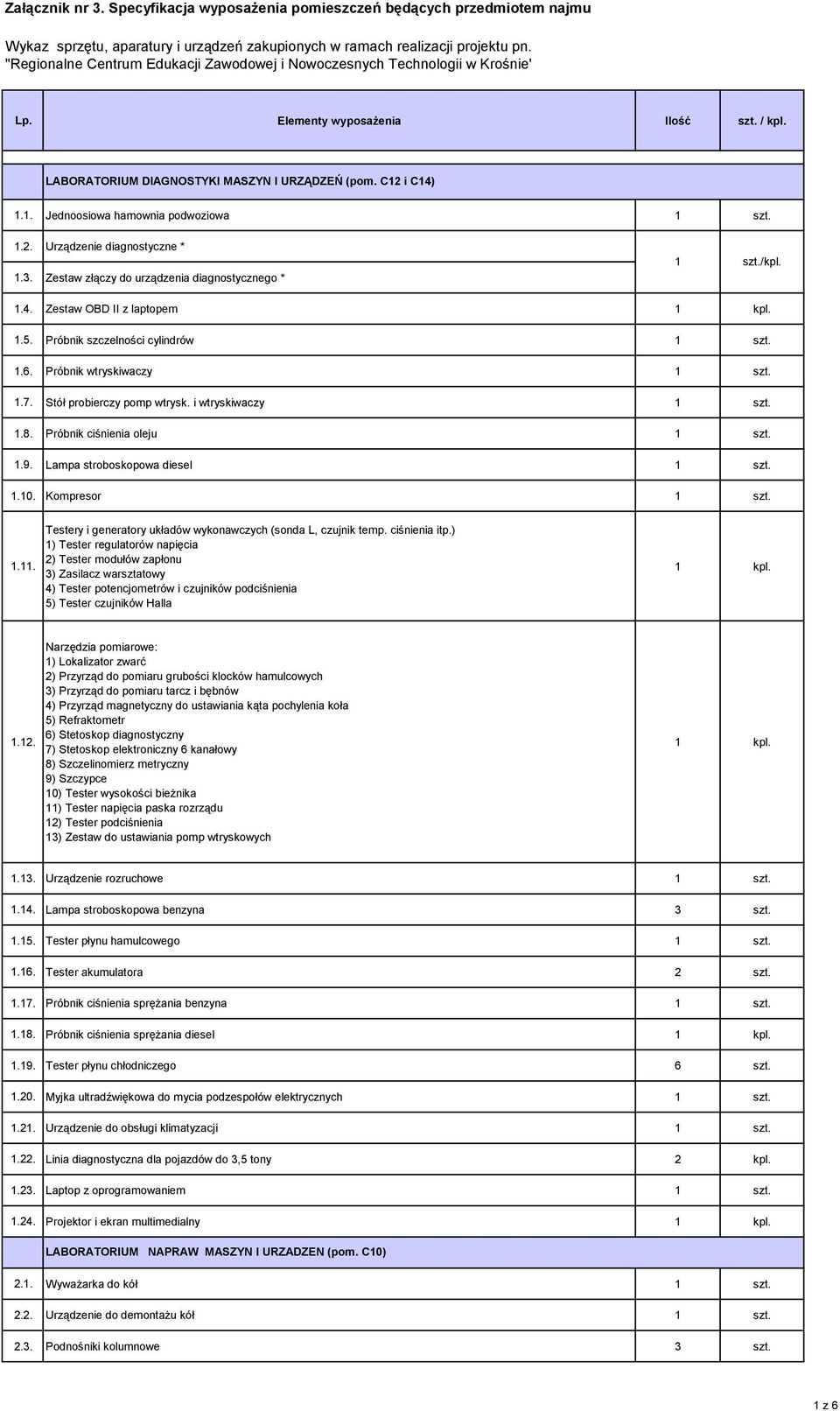 i C14) 1.1. Jednoosiowa hamownia podwoziowa 1 szt. 1.2. Urządzenie diagnostyczne * 1.3. Zestaw złączy do urządzenia diagnostycznego * 1 szt./kpl. 1.4. Zestaw OBD II z laptopem 1.5.