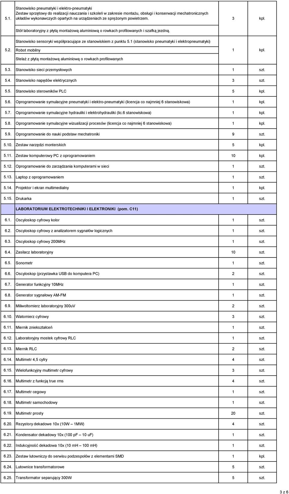 Stanowisko sensoryki współpracujące ze stanowiskiem z punktu 5.1 (stanowisko pneumatyki i elektropneumatyki) 5.2. Robot mobilny Stelaż z płytą montażową aluminiową o rowkach profilowanych 5.3.