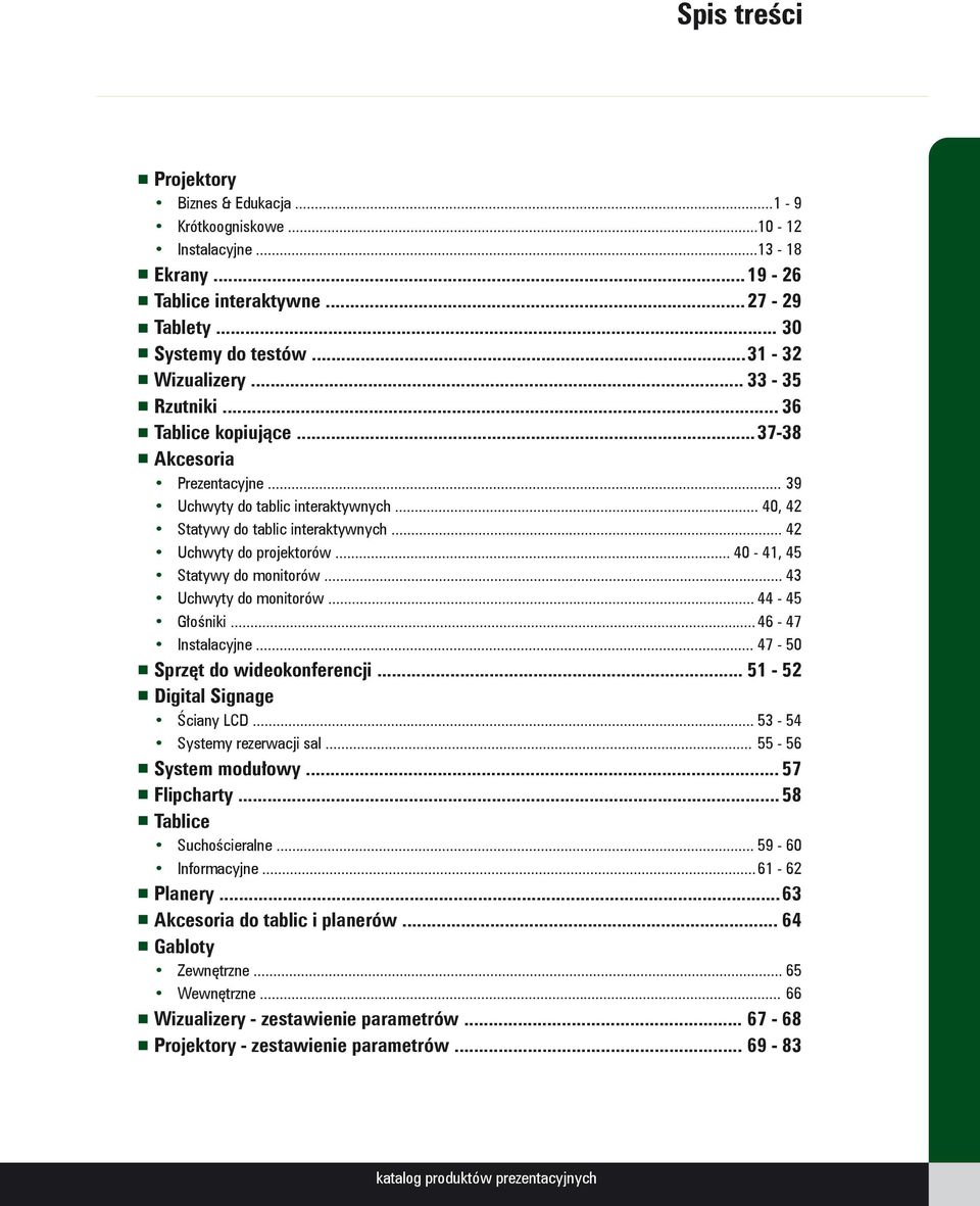 .. 40 41, 45 Statywy do monitorów... 43 Uchwyty do monitorów... 44 45 Głośniki... 46 47 Instalacyjne... 47 50 Sprzęt do wideokonferencji... 51 52 Digital Signage Ściany LCD.
