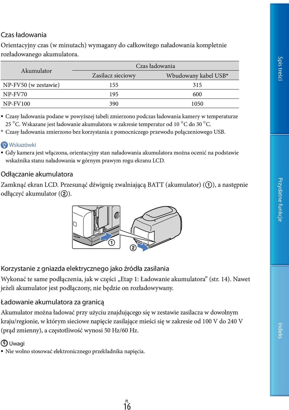 kamery w temperaturze 25 C. Wskazane jest ładowanie akumulatora w zakresie temperatur od 10 C do 30 C. * Czasy ładowania zmierzono bez korzystania z pomocniczego przewodu połączeniowego USB.