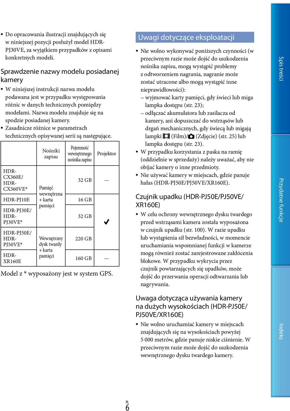 Nazwa modelu znajduje się na spodzie posiadanej kamery. Zasadnicze różnice w parametrach technicznych opisywanej serii są następujące.