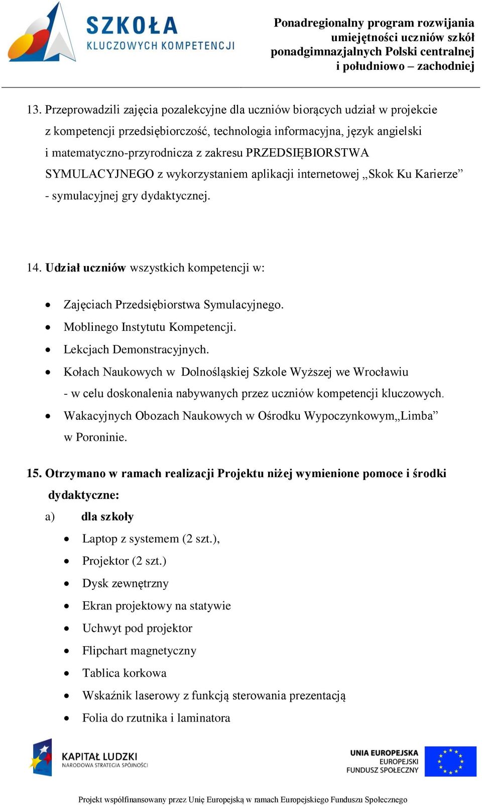 Udział uczniów wszystkich kompetencji w: Zajęciach Przedsiębiorstwa Symulacyjnego. Moblinego Instytutu Kompetencji. Lekcjach Demonstracyjnych.