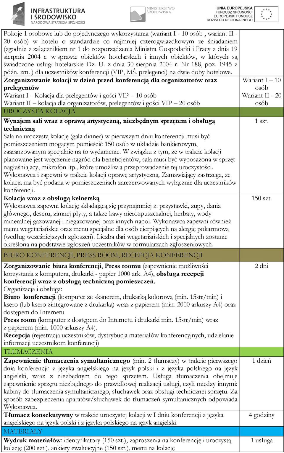 Nr 188, poz. 1945 z późn. zm. ) dla uczestników konferencji (VIP, MŚ, prelegenci) na dwie doby hotelowe.