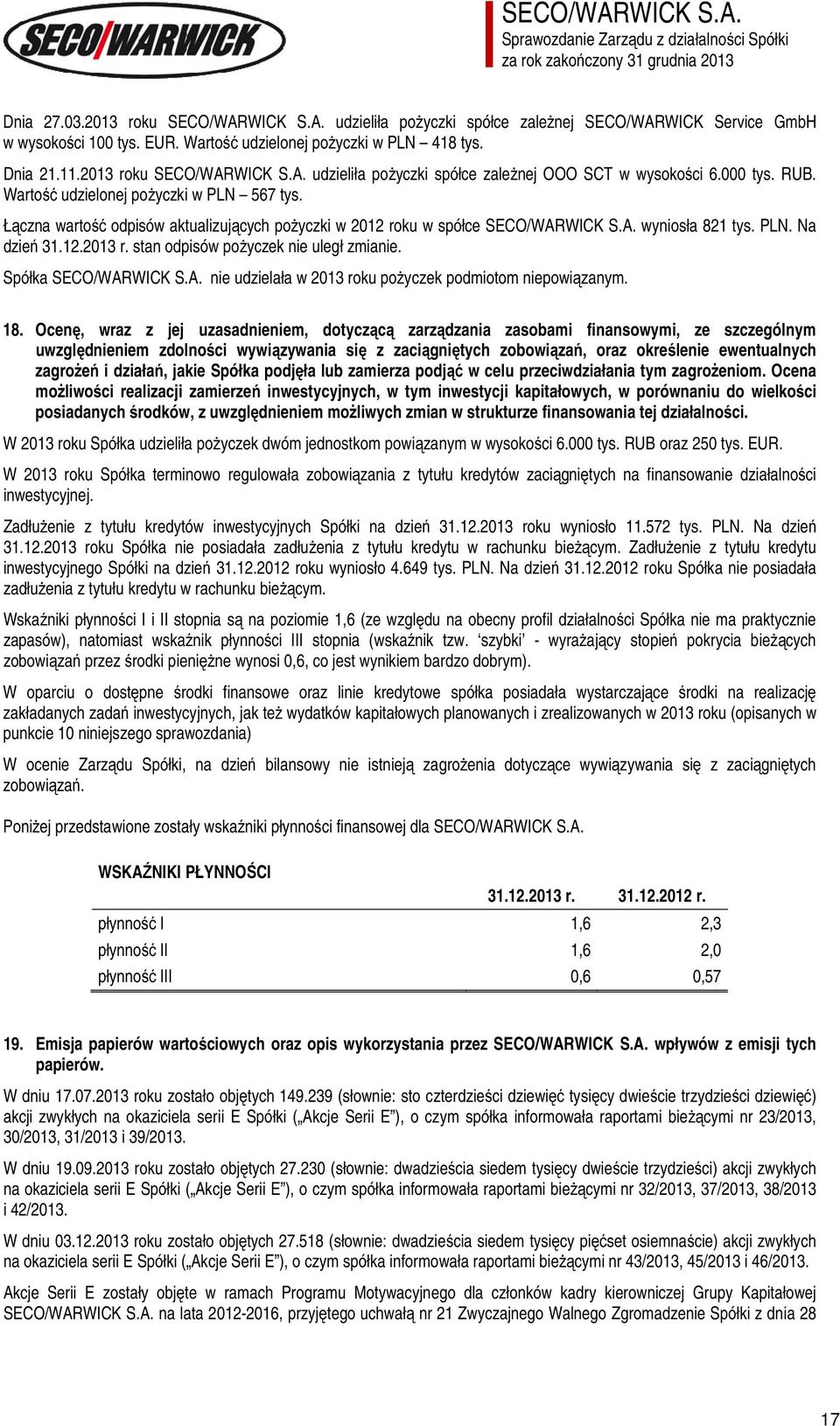 Łączna wartość odpisów aktualizujących pożyczki w 2012 roku w spółce SECO/WARWICK S.A. wyniosła 821 tys. PLN. Na dzień 31.12.2013 r. stan odpisów pożyczek nie uległ zmianie. Spółka SECO/WARWICK S.A. nie udzielała w 2013 roku pożyczek podmiotom niepowiązanym.