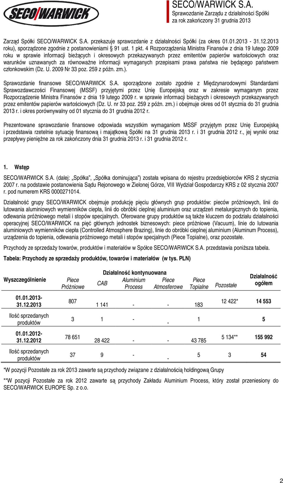 informacji wymaganych przepisami prawa państwa nie będącego państwem członkowskim (Dz. U. 2009 Nr 33 poz. 259 z późn. zm.). Sprawozdanie finansowe SECO/WAR