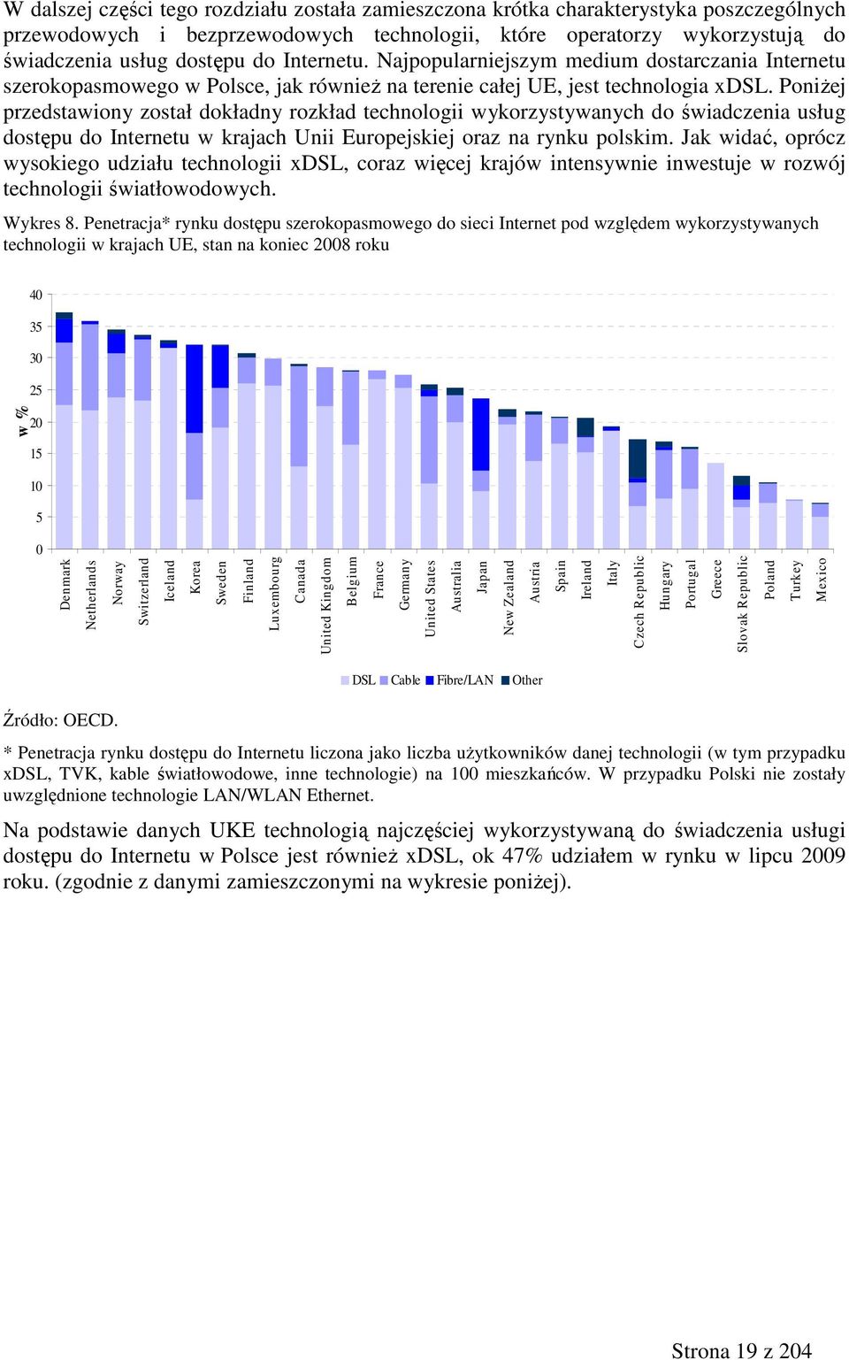 PoniŜej przedstawiony został dokładny rozkład technologii wykorzystywanych do świadczenia usług dostępu do Internetu w krajach Unii Europejskiej oraz na rynku polskim.