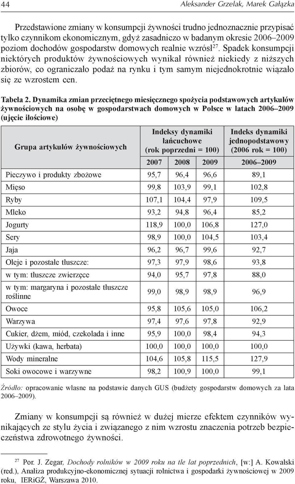 Spadek konsumpcji niektórych produktów żywnościowych wynikał również niekiedy z niższych zbiorów, co ograniczało podaż na rynku i tym samym niejednokrotnie wiązało się ze wzrostem cen. Tabela 2.