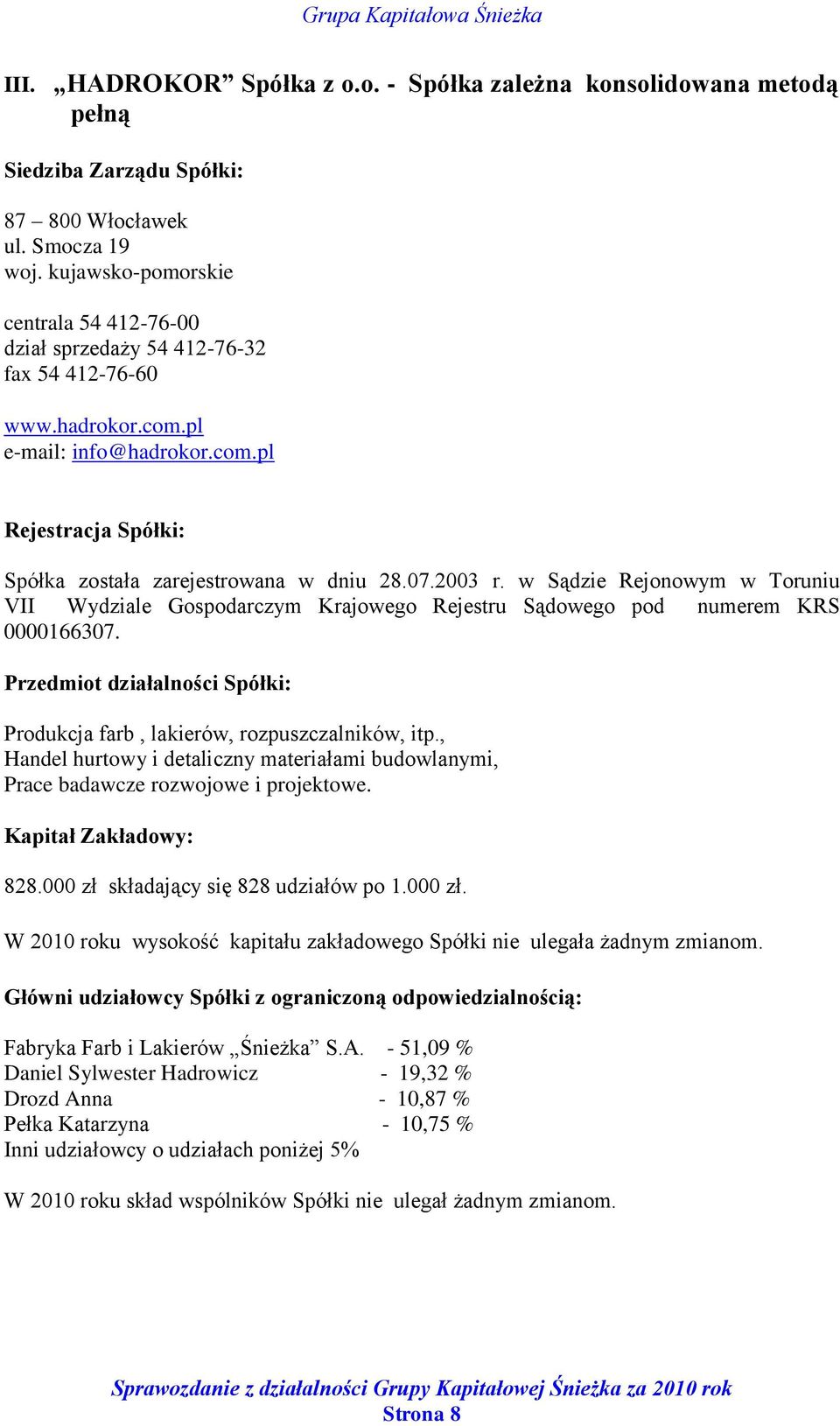 2003 r. w Sądzie Rejonowym w Toruniu VII Wydziale Gospodarczym Krajowego Rejestru Sądowego pod numerem KRS 0000166307. Przedmiot działalności Spółki: Produkcja farb, lakierów, rozpuszczalników, itp.