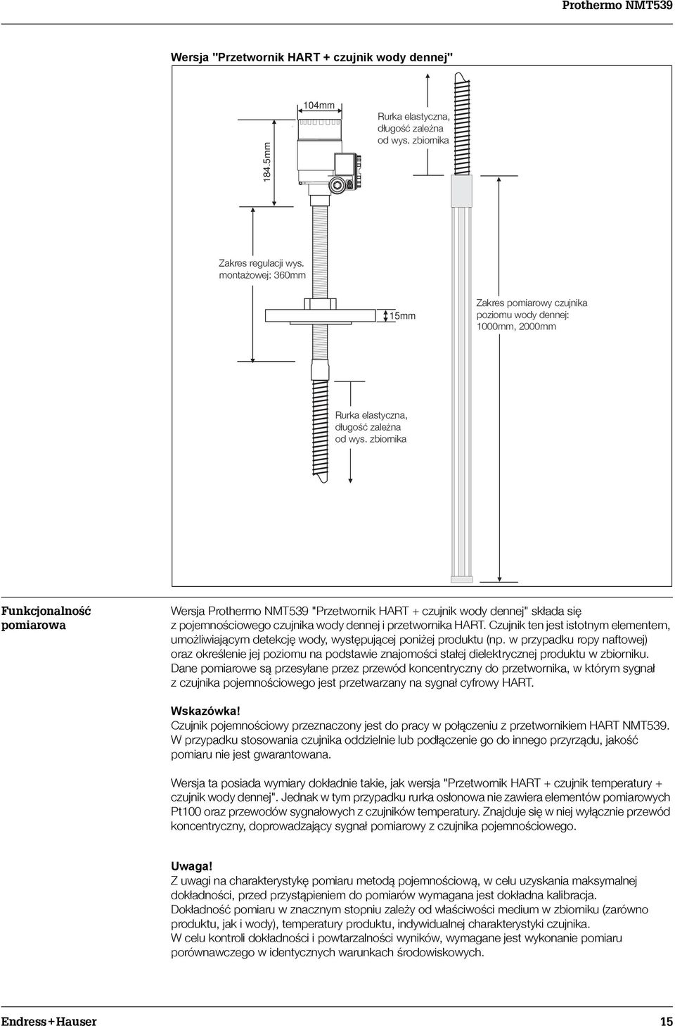 zbiornika Funkcjonalnoœæ pomiarowa Wersja Prothermo NMT539 "Przetwornik HART + czujnik wody dennej" sk³ada siê z pojemnoœciowego czujnika wody dennej i przetwornika HART.