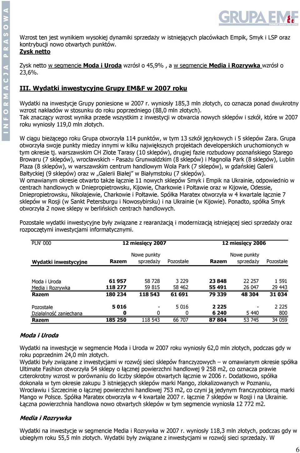 Wydatki inwestycyjne Grupy EM&F w 2007 roku Wydatki na inwestycje Grupy poniesione w 2007 r.