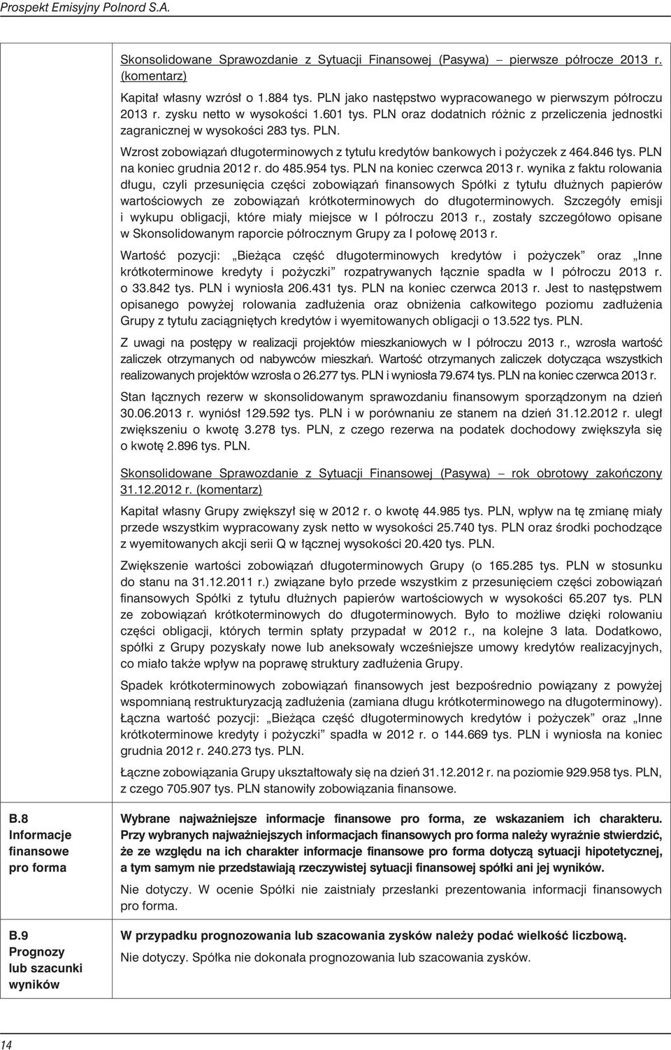 846 tys. PLN na koniec grudnia 2012 r. do 485.954 tys. PLN na koniec czerwca 2013 r.