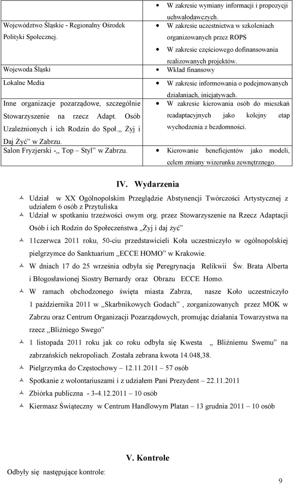 Wojewoda Śląski Wkład finansowy Lokalne Media W zakresie informowania o podejmowanych Inne organizacje pozarządowe, szczególnie Stowarzyszenie na rzecz Adapt. Osób Uzależnionych i ich Rodzin do Społ.