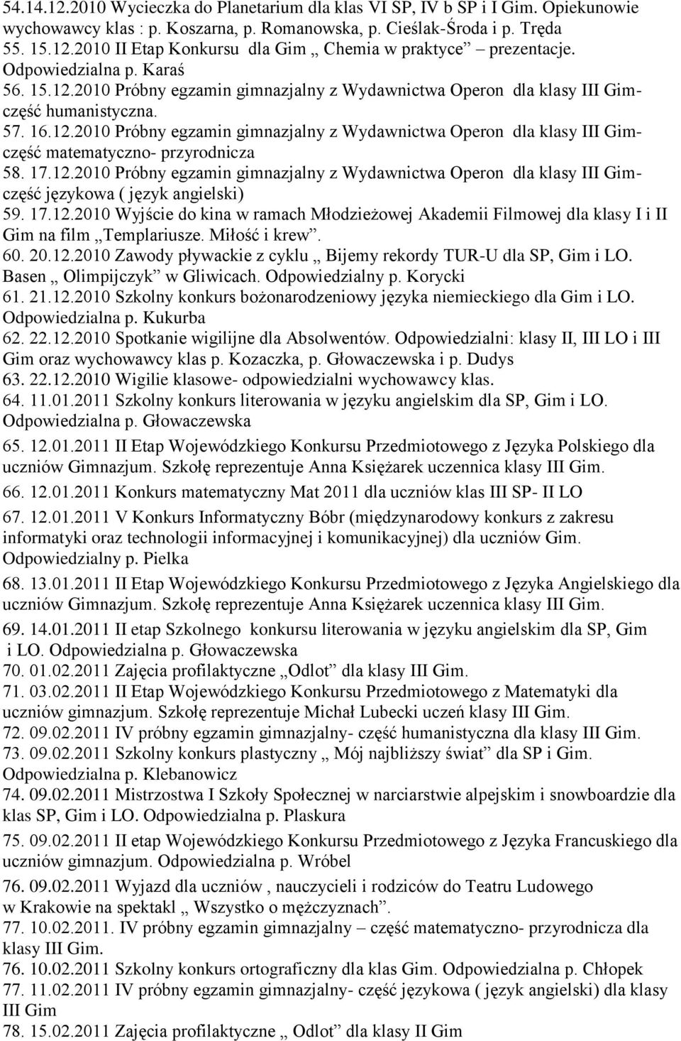 17.12.2010 Próbny egzamin gimnazjalny z Wydawnictwa Operon dla klasy III Gimczęść językowa ( język angielski) 59. 17.12.2010 Wyjście do kina w ramach Młodzieżowej Akademii Filmowej dla klasy I i II Gim na film Templariusze.