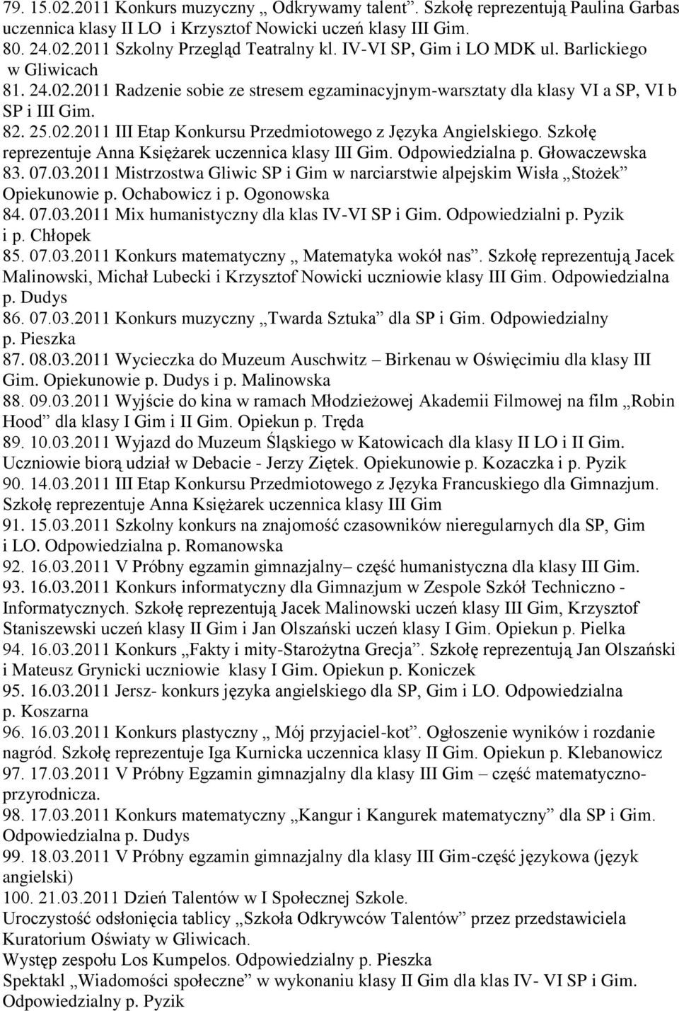 Szkołę reprezentuje Anna Księżarek uczennica klasy III Gim. Odpowiedzialna p. Głowaczewska 83. 07.03.2011 Mistrzostwa Gliwic SP i Gim w narciarstwie alpejskim Wisła Stożek Opiekunowie p.