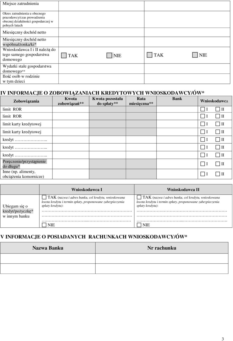 Kwota Kwota pozostała Rata Bank Zobowiązania Wnioskodawca zobowiązań** do spłaty** miesięczna** limit ROR I II limit ROR I II limit karty kredytowej I II limit karty kredytowej I II