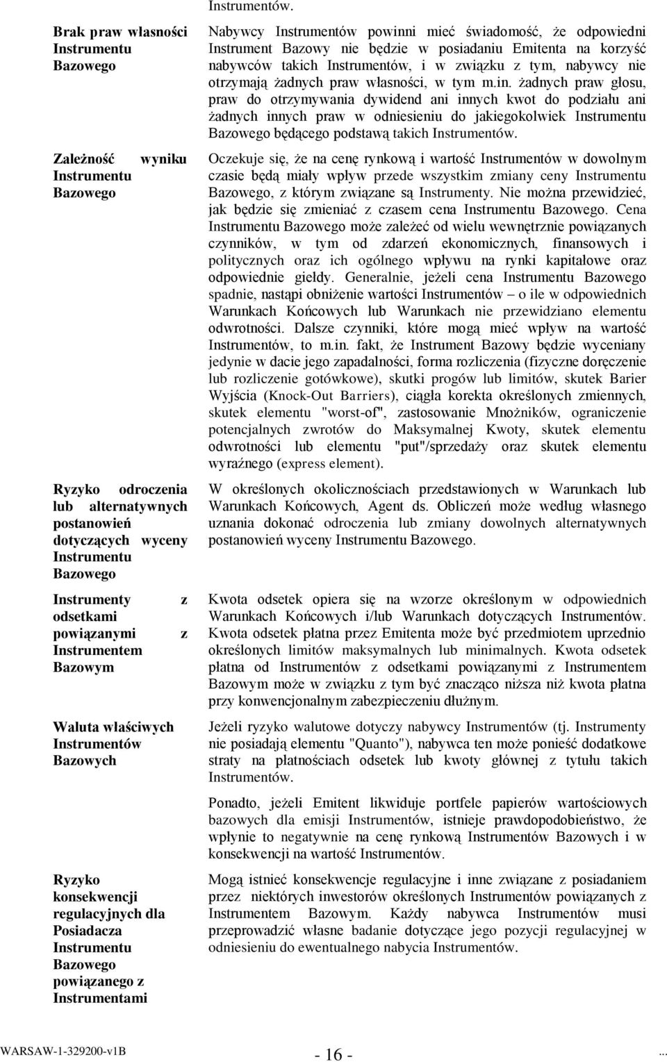 Nabywcy Instrumentów powinni mieć świadomość, że odpowiedni Instrument Bazowy nie będzie w posiadaniu Emitenta na korzyść nabywców takich Instrumentów, i w związku z tym, nabywcy nie otrzymają