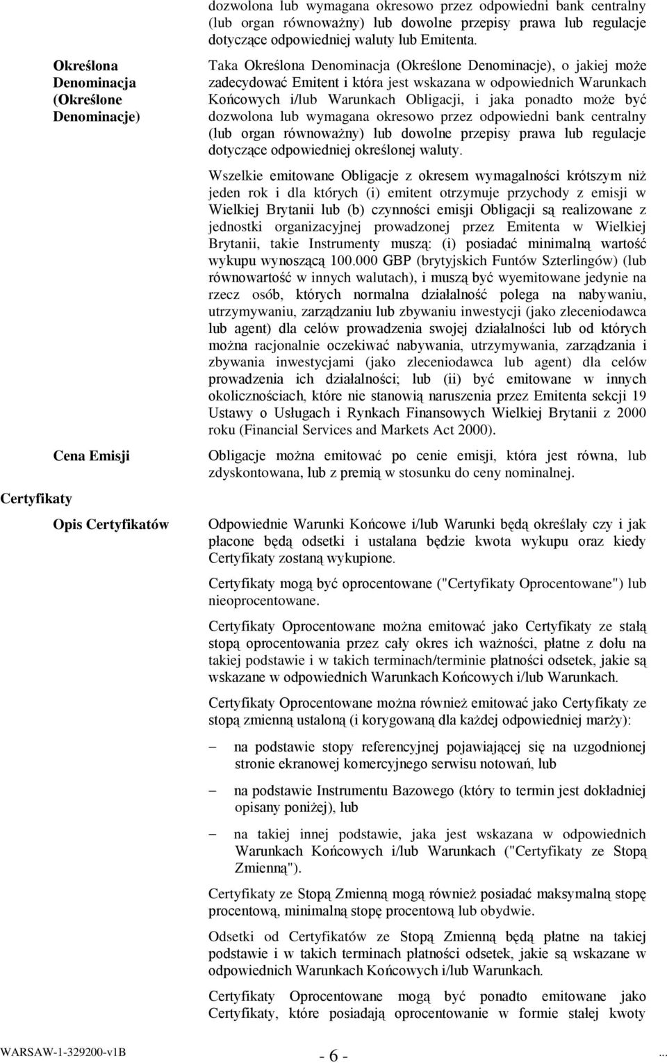 Taka Określona Denominacja (Określone Denominacje), o jakiej może zadecydować Emitent i która jest wskazana w odpowiednich Warunkach Końcowych i/lub Warunkach Obligacji, i jaka ponadto może być