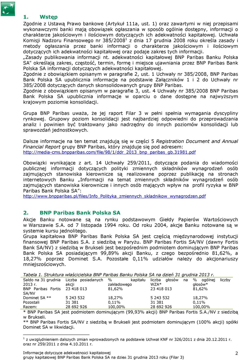 Uchwała Komisji Nadzoru Finansowego nr 385/2008 1 z dnia 17 grudnia 2008 roku określa zasady i metody ogłaszania przez banki informacji o charakterze jakościowym i ilościowym dotyczących ich