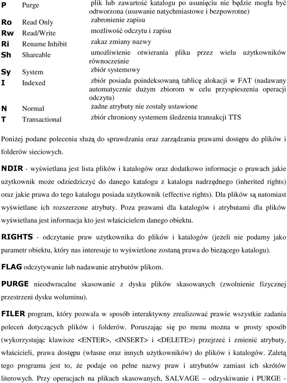 FAT (nadawany automatycznie duŝym zbiorom w celu przyspieszenia operacji odczytu) N Normal Ŝadne atrybuty nie zostały ustawione T Transactional zbiór chroniony systemem śledzenia transakcji TTS