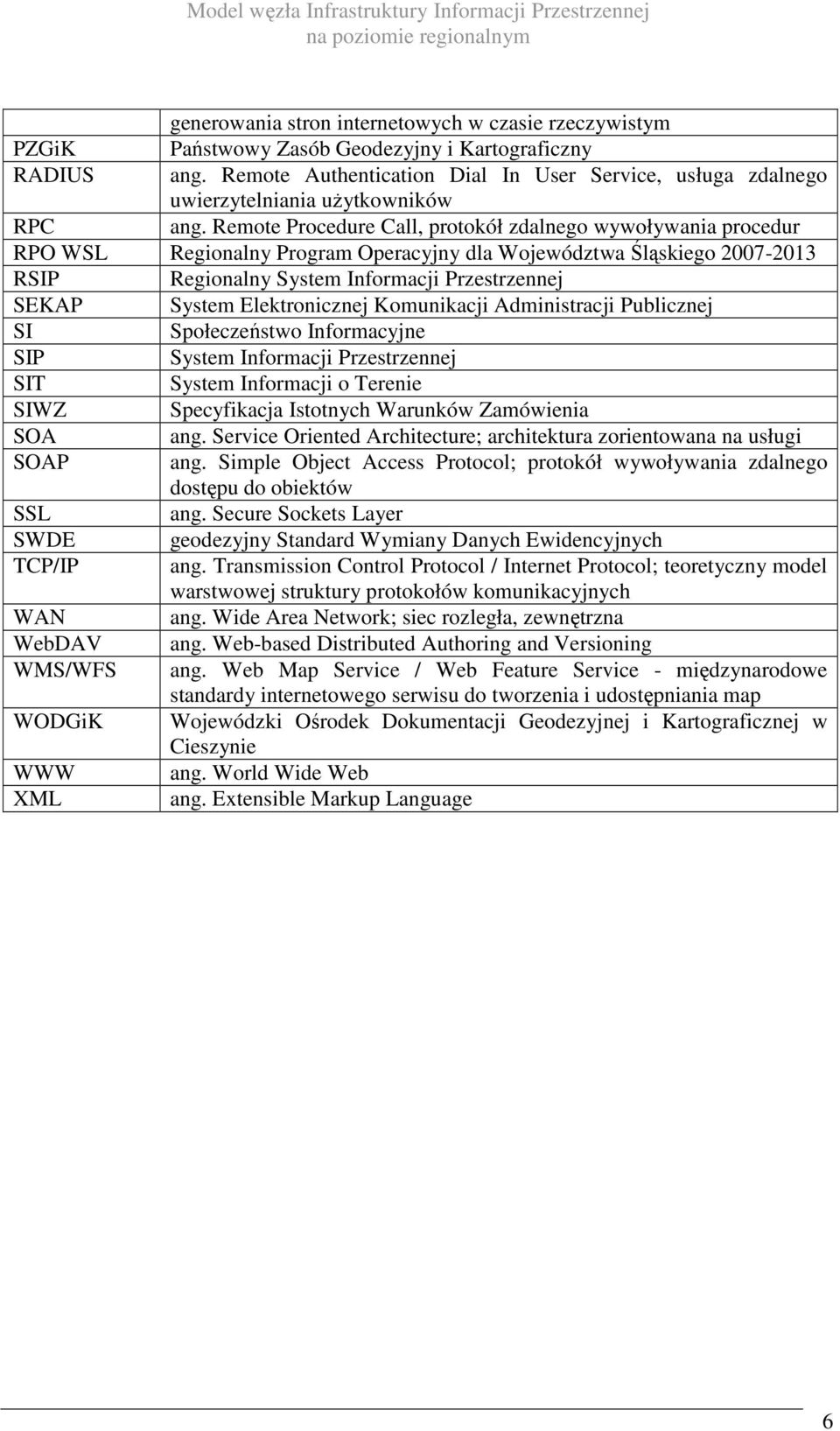 Remote Procedure Call, protokół zdalnego wywoływania procedur RPO WSL Regionalny Program Operacyjny dla Województwa Śląskiego 2007-2013 RSIP Regionalny System Informacji Przestrzennej SEKAP System