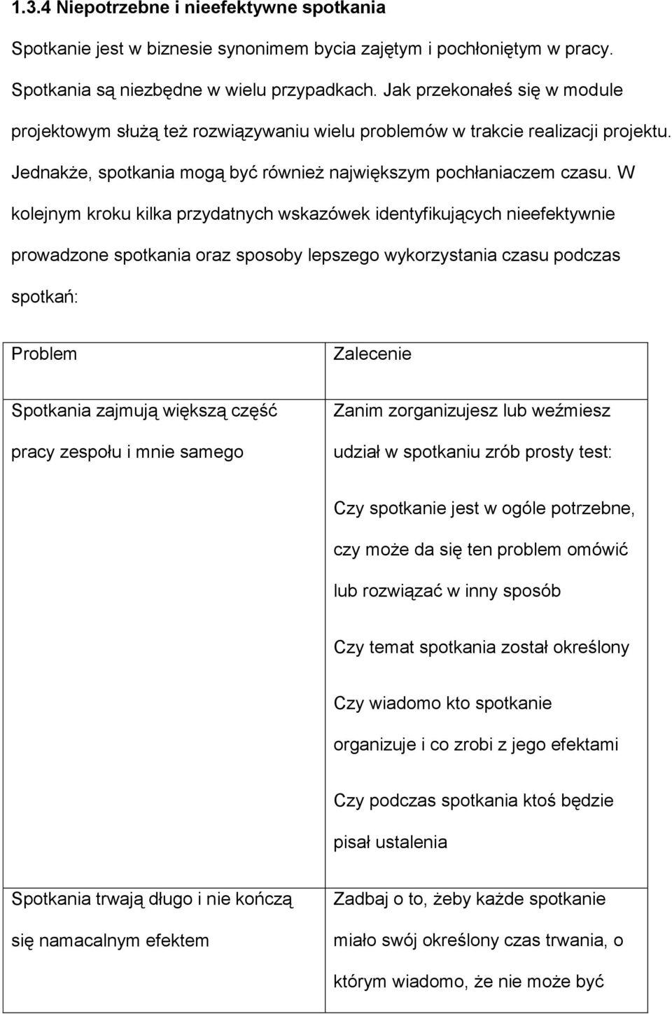 W kolejnym kroku kilka przydatnych wskazówek identyfikujących nieefektywnie prowadzone spotkania oraz sposoby lepszego wykorzystania czasu podczas spotkań: Problem Zalecenie Spotkania zajmują większą