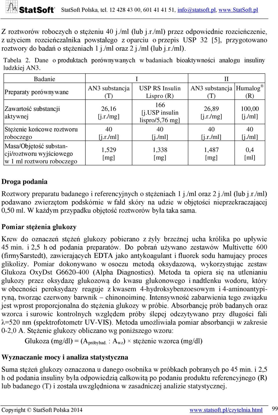 Badanie I II AN3 substancja USP RS Insulin AN3 substancja Preparaty porównywane (T) Lispro (R) (T) Zawartość substancji aktywnej Stężenie końcowe roztworu roboczego Masa/Objętość substancji/roztworu