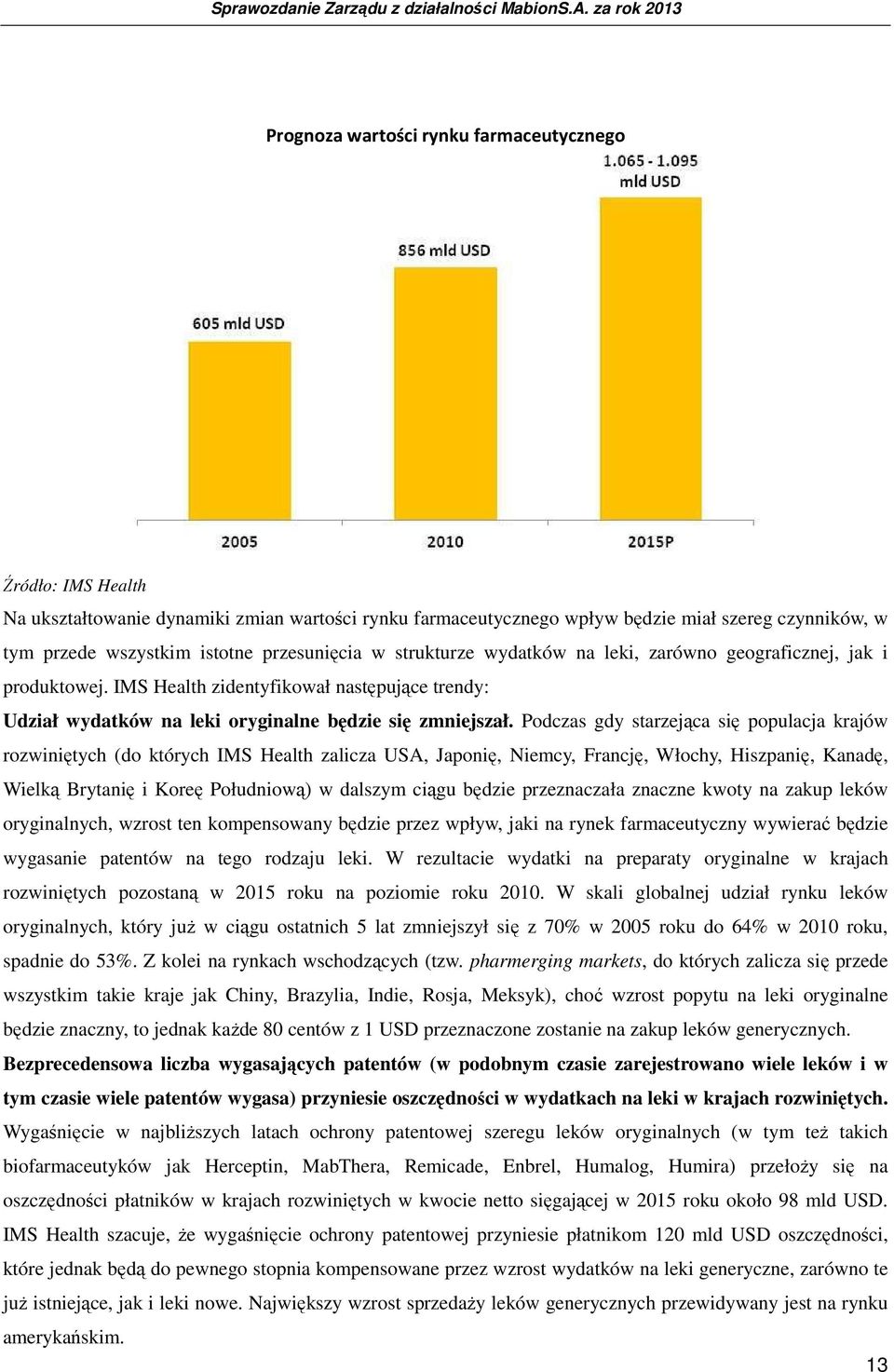 Podczas gdy starzejąca się populacja krajów rozwiniętych (do których IMS Health zalicza USA, Japonię, Niemcy, Francję, Włochy, Hiszpanię, Kanadę, Wielką Brytanię i Koreę Południową) w dalszym ciągu