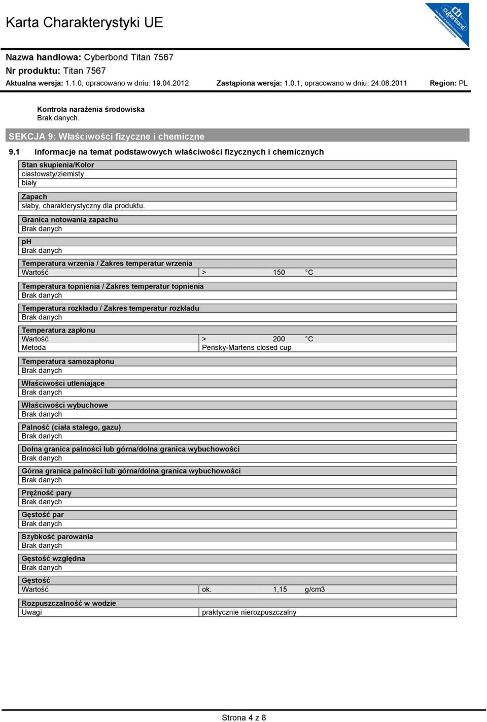 Granica notowania zapachu ph Temperatura wrzenia / Zakres temperatur wrzenia Wartość > 150 C Temperatura topnienia / Zakres temperatur topnienia Temperatura rozkładu / Zakres temperatur rozkładu