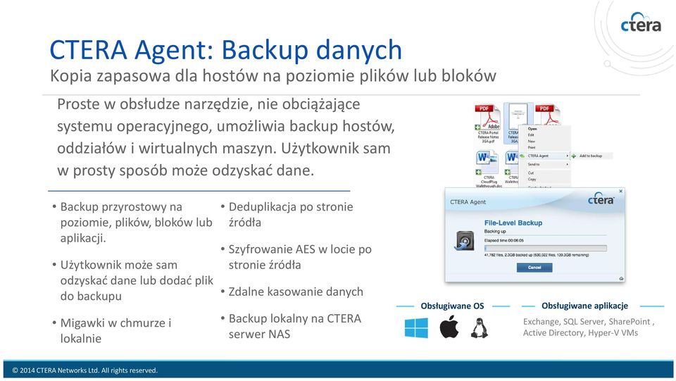 Użytkownik może sam odzyskać dane lub dodać plik do backupu Migawki w chmurze i lokalnie Deduplikacjapo stronie źródła Szyfrowanie AES w locie po stronie