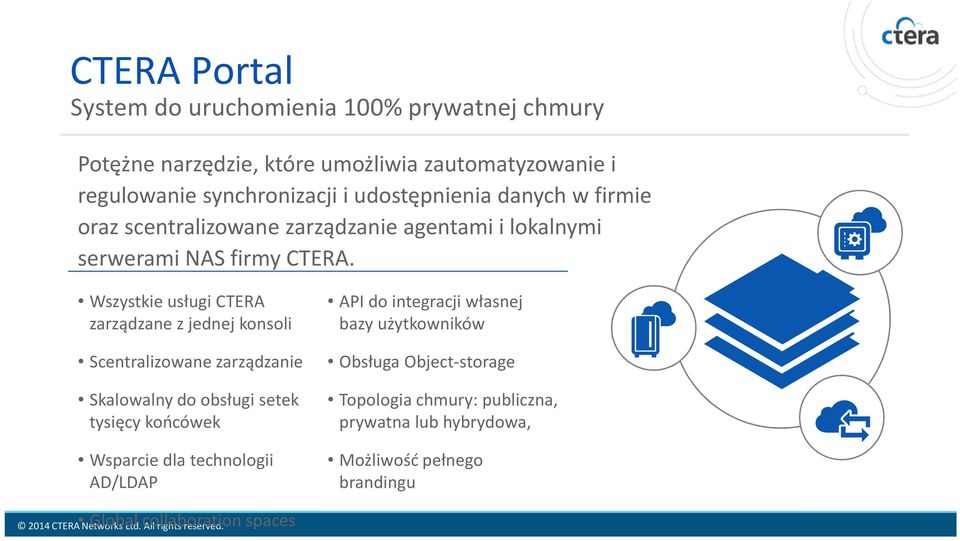 Wszystkie usługi CTERA zarządzane z jednej konsoli Scentralizowane zarządzanie Skalowalny do obsługi setek tysięcy końcówek Wsparcie dla