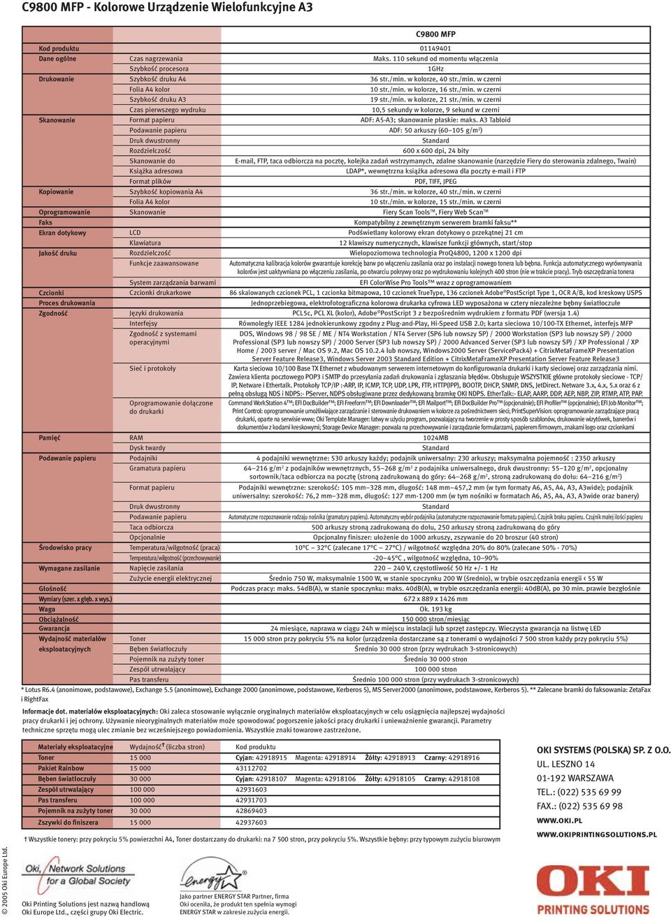 /min. w kolorze, 21 str./min. w czerni Czas pierwszego wydruku 10,5 sekundy w kolorze, 9 sekund w czerni Skanowanie Format papieru ADF: A5-A3; skanowanie płaskie: maks.