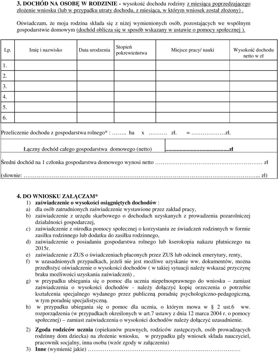 Imię i nazwisko Data urodzenia Stopień pokrewieństwa Miejsce pracy/ nauki Wysokość dochodu netto w zł 1. 2. 3. 4. 5. 6. Przeliczenie dochodu z gospodarstwa rolnego* :.. ha x. zł. = zł.