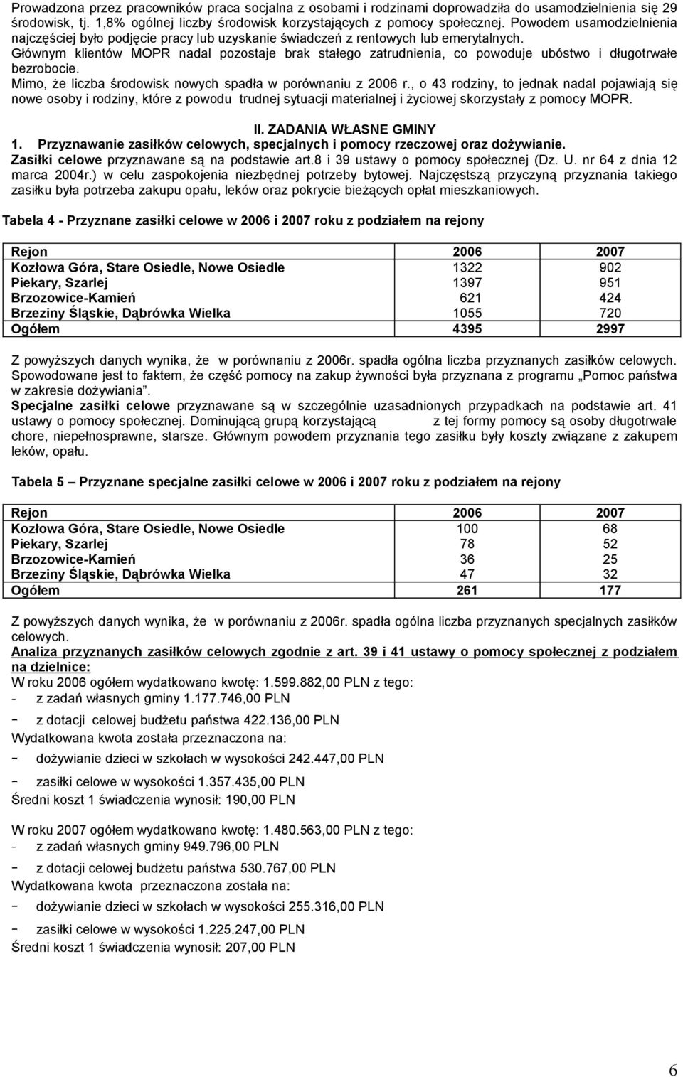 Głównym klientów MOPR nadal pozostaje brak stałego zatrudnienia, co powoduje ubóstwo i długotrwałe bezrobocie. Mimo, że liczba środowisk nowych spadła w porównaniu z 006 r.