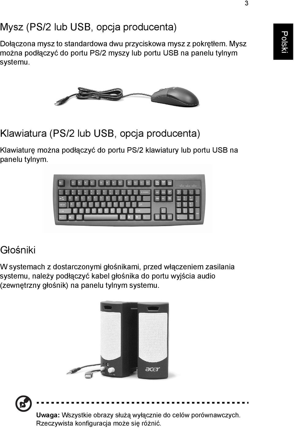 Klawiatura (PS/2 lub USB, opcja producenta) Klawiaturę można podłączyć do portu PS/2 klawiatury lub portu USB na panelu tylnym.