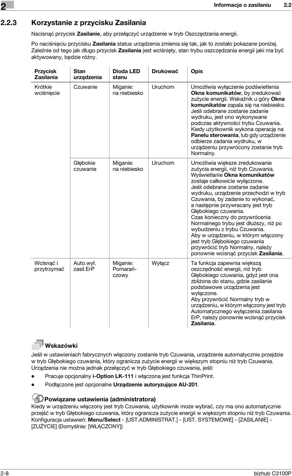 Zależnie od tego jak długo przycisk Zasilania jest wciśnięty, stan trybu oszczędzania energii jaki ma być aktywowany, będzie różny.