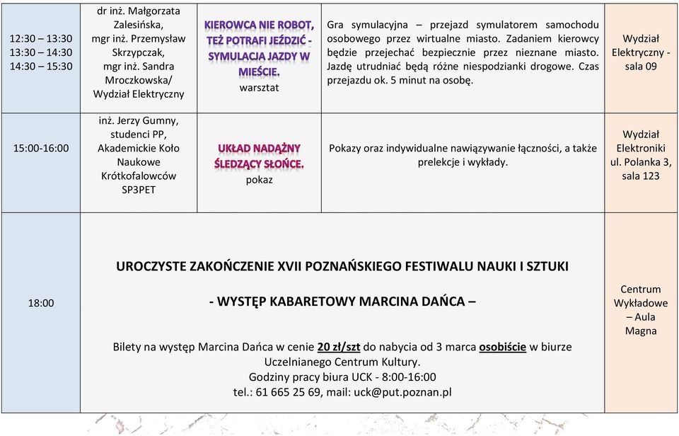 Jazdę utrudniać będą różne niespodzianki drogowe. Czas przejazdu ok. 5 minut na osobę. Wydział Elektryczny - sala 09 15:00-16:00 inż.