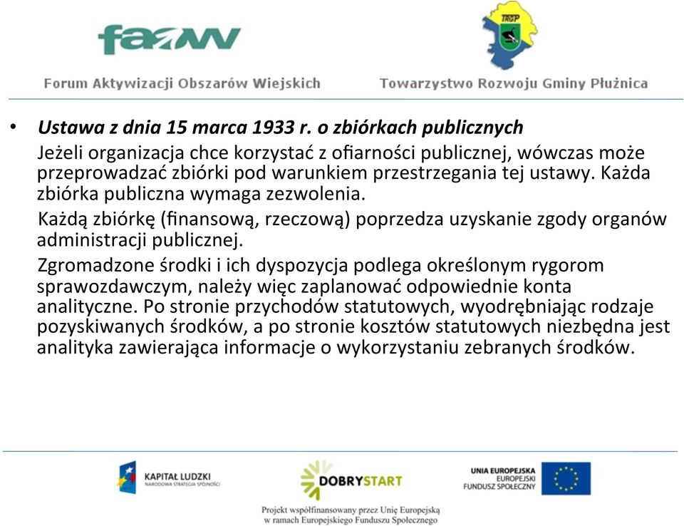 Każda zbiórka publiczna wymaga zezwolenia. Każdą zbiórkę (finansową, rzeczową) poprzedza uzyskanie zgody organów administracji publicznej.