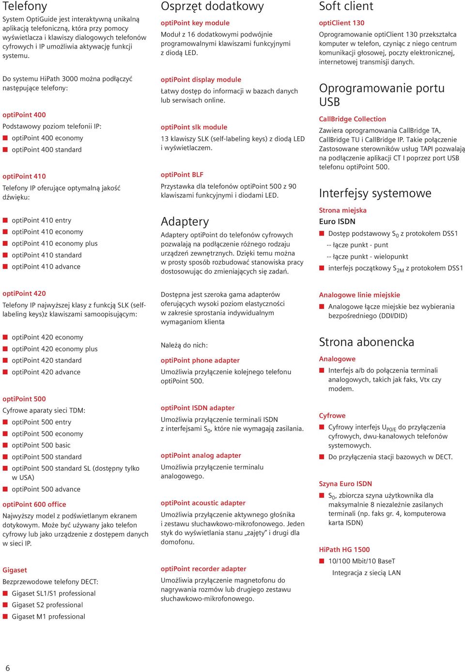 jakość dźwięku: optipoint 410 entry optipoint 410 economy optipoint 410 economy plus optipoint 410 standard optipoint 410 advance Osprzęt dodatkowy optipoint key module Moduł z 16 dodatkowymi