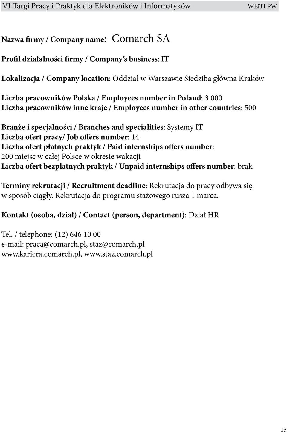 number: 14 Liczba ofert płatnych praktyk / Paid internships offers number: 200 miejsc w całej Polsce w okresie wakacji Liczba ofert bezpłatnych praktyk / Unpaid internships offers number: brak