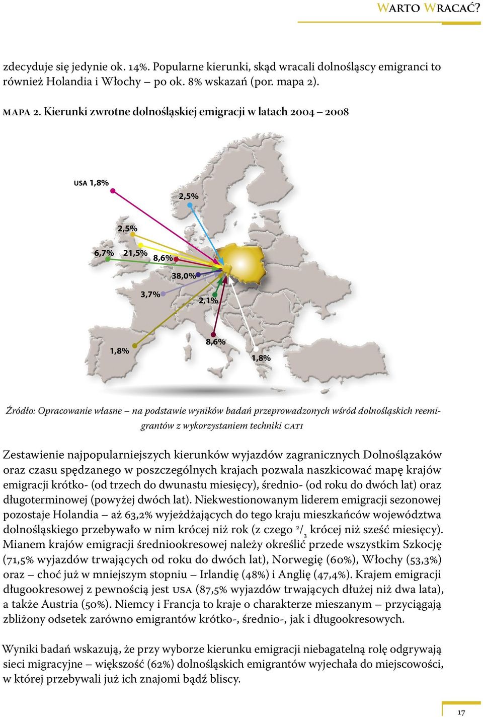 wśród dolnośląskich reemigrantów z wykorzystaniem techniki cati Zestawienie najpopularniejszych kierunków wyjazdów zagranicznych Dolnoślązaków oraz czasu spędzanego w poszczególnych krajach pozwala